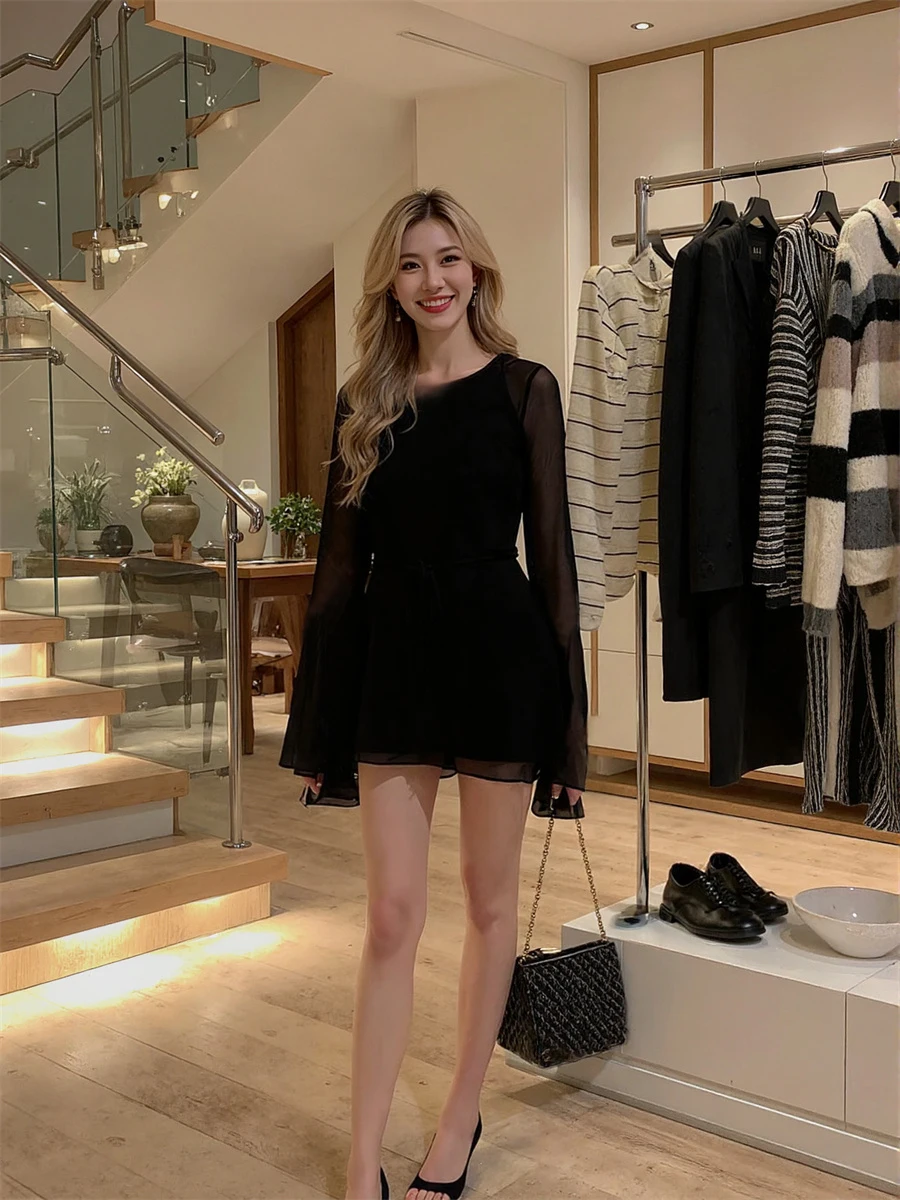 Robe noire à manches longues pour femmes, coupe cintrée, Style français, motif à pois, Vintage, cercle, patineuse, évasée, Simple, Pure