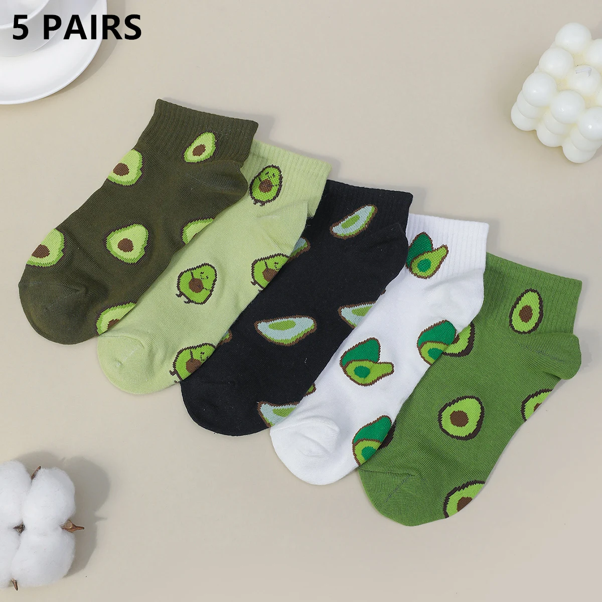 

5 Pairs/Pack Women Avocado Fruit Pattern Funny Cute Ankle Socks Soft Breathable Cotton Spring Summer Short Socks Lot