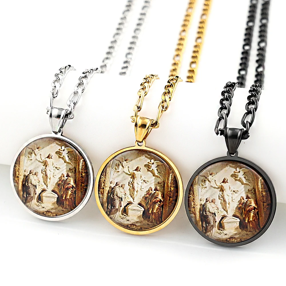 Resurrection of Jesus Glass Cabochon Medal Pendant Necklace Women Men Stainless Steel Gold Color Christian Amulet Chain Jewelry
