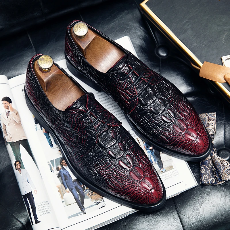 

Luxury men's oxford shoes crocodile classic style dress leather shoes burgundy lace up pointed toe formal shoes men's size 38-48