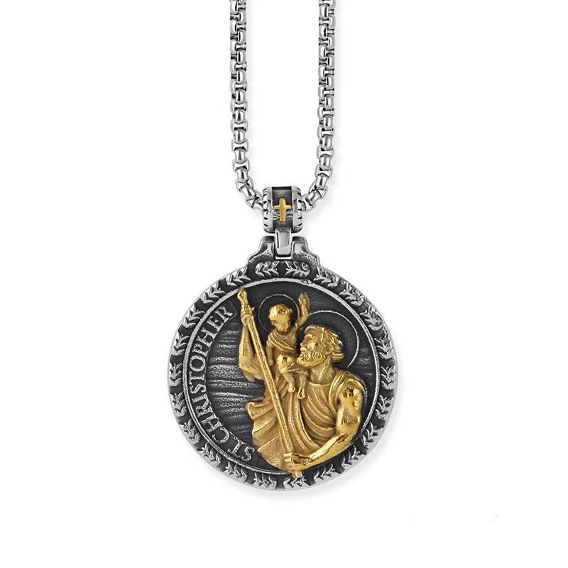2023 New Stainless Steel St Christopher Pendant Necklace St Michael Medal Sacred Amulet Catholic Protection Religious For Man