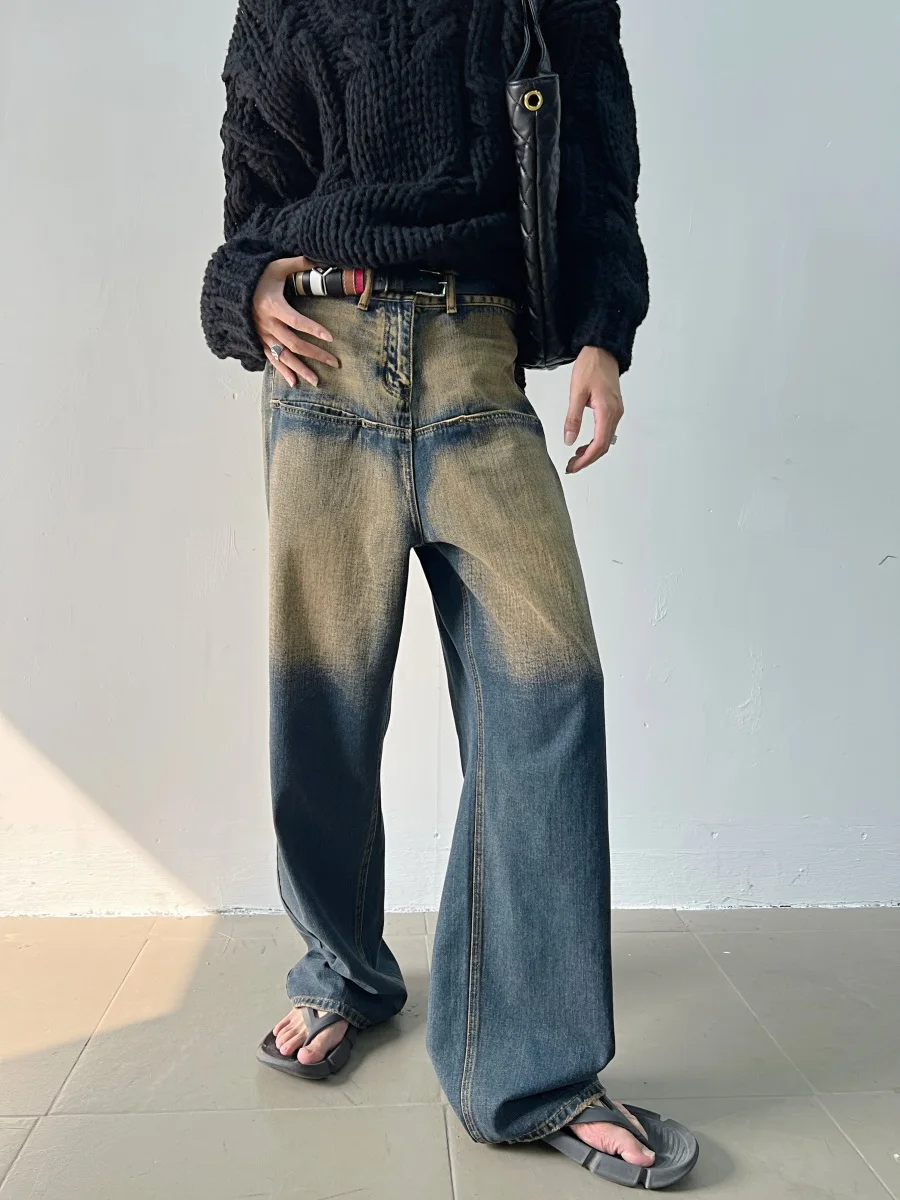 

High Waist Wide Leg Men's Jeans Retro Waed out Trendy Loose Straight Casual Long Trousers Street Sle Youth Autumn Faion
