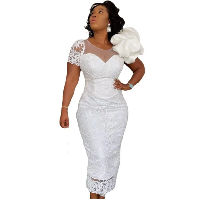 

White Polyester African Dresses for Women Summer African Women Short Sleeve Lace Dress African Robes African Clothes for Women