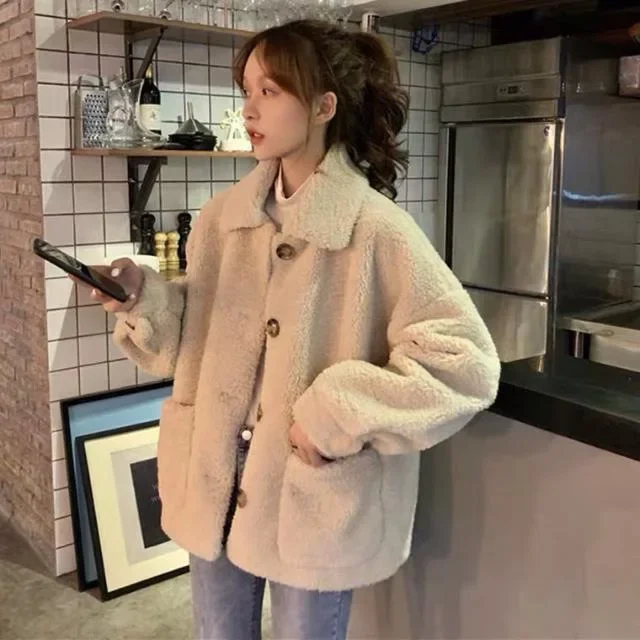 

Women's Lamb Wool Coats Thickened Warm Plush Jackets Streetwear Ladies Korean Fashion Female Clothing 2024 New Autumn Winter