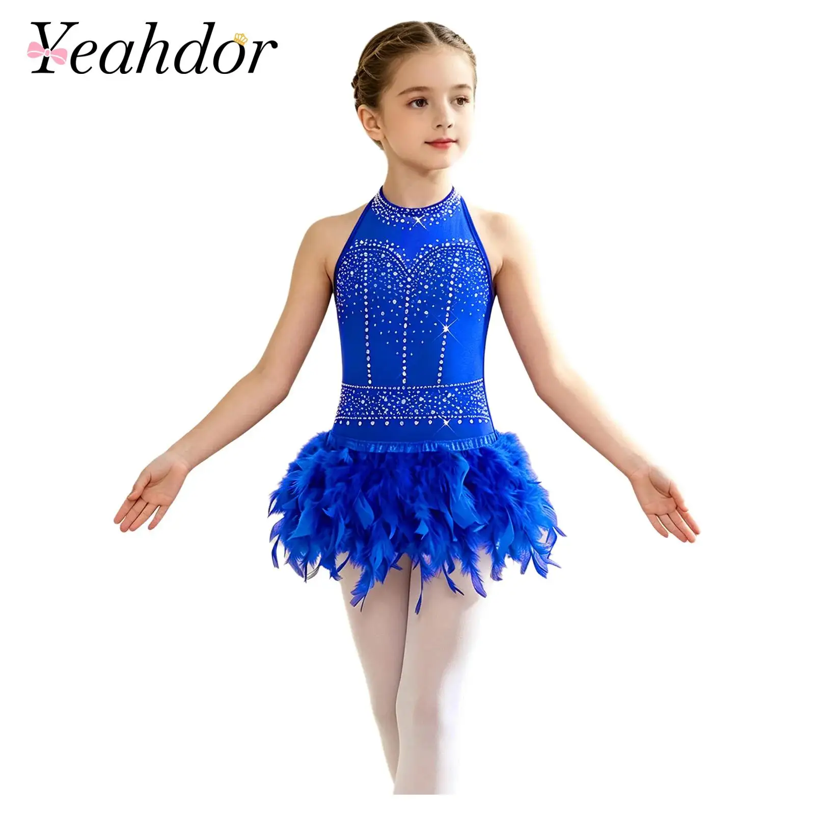 Kids Girls Feather Jazz Latin Dance Leotard Glittery Rhinestone Sleeveless Bodysuit Dancewear for Stage Performance Chacha Tango