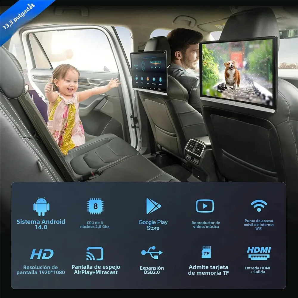 Monitor de reposacabezas de TV para coche de 13,3 pulgadas 4 + 64G Android14.0 4K 1080P pantalla táctil 5G WIFI/Bluetooth/USB/HDMI/FM/reproductor de vídeo con enlace de espejo 2