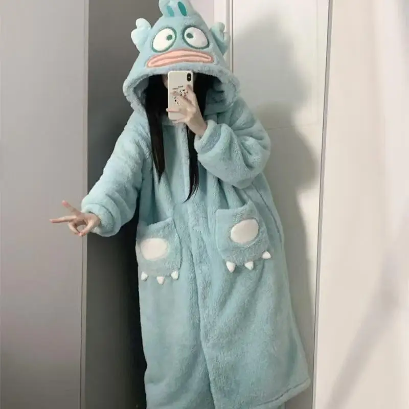 Sanrio Anime Hangyodon Nightgown Kawaii Lounge Clothes Girl Thickened Long Style Bathrobe Leisure Pajamas Keep Warm Gift