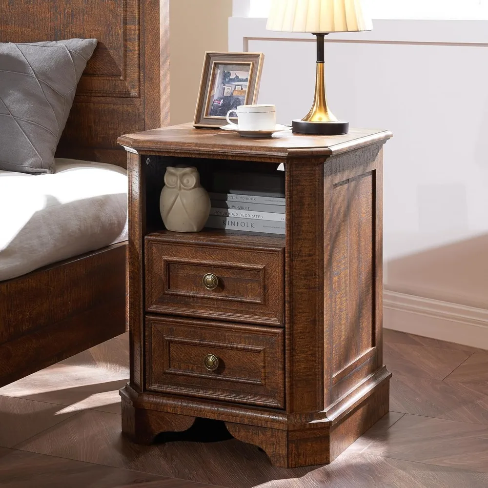 

Farmhouse Nightstand with Charging Station, 18" End Table with 2 Drawers, Wood Side Table, Bedside Cabinet for Bedroom