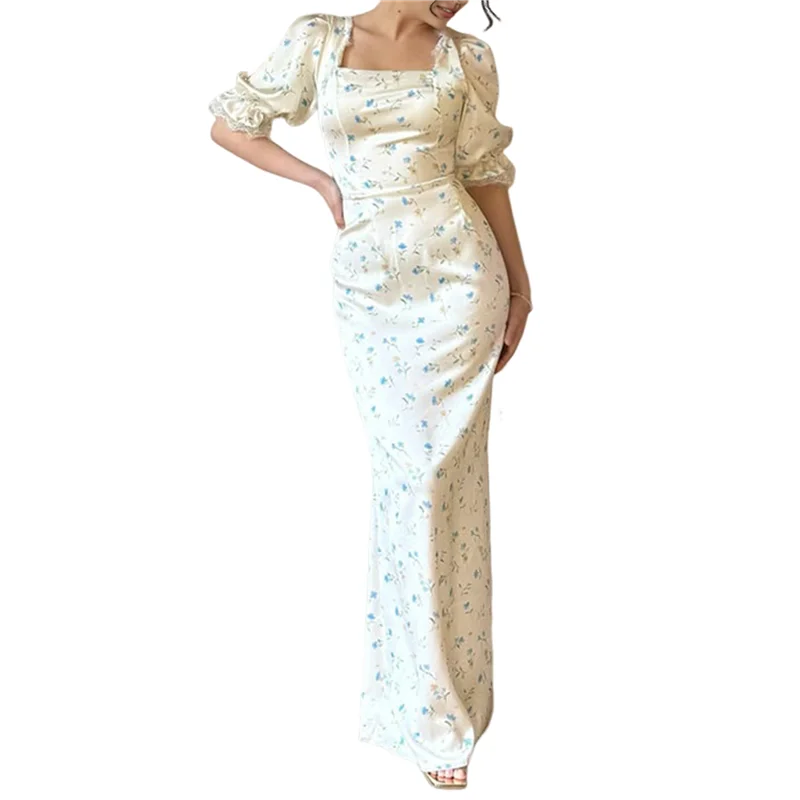 ABRT-여성 캐주얼 여름 스퀘어 넥 퍼프 슬리브 드레스 Boho 꽃 프린트 롱 드레스