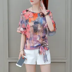 Office Lady Elegant Ruffles Patchwork Blouse Fashion Floral Printed Summer Loose Female Short Sleeve Casual Drawstring Bow Shirt