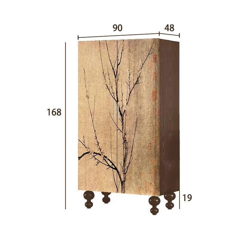New Chinese Style Solid Wood Wardrobe, Ink Plum Pattern Storage Closet for Bedroom Living Corner Garment Cabinet