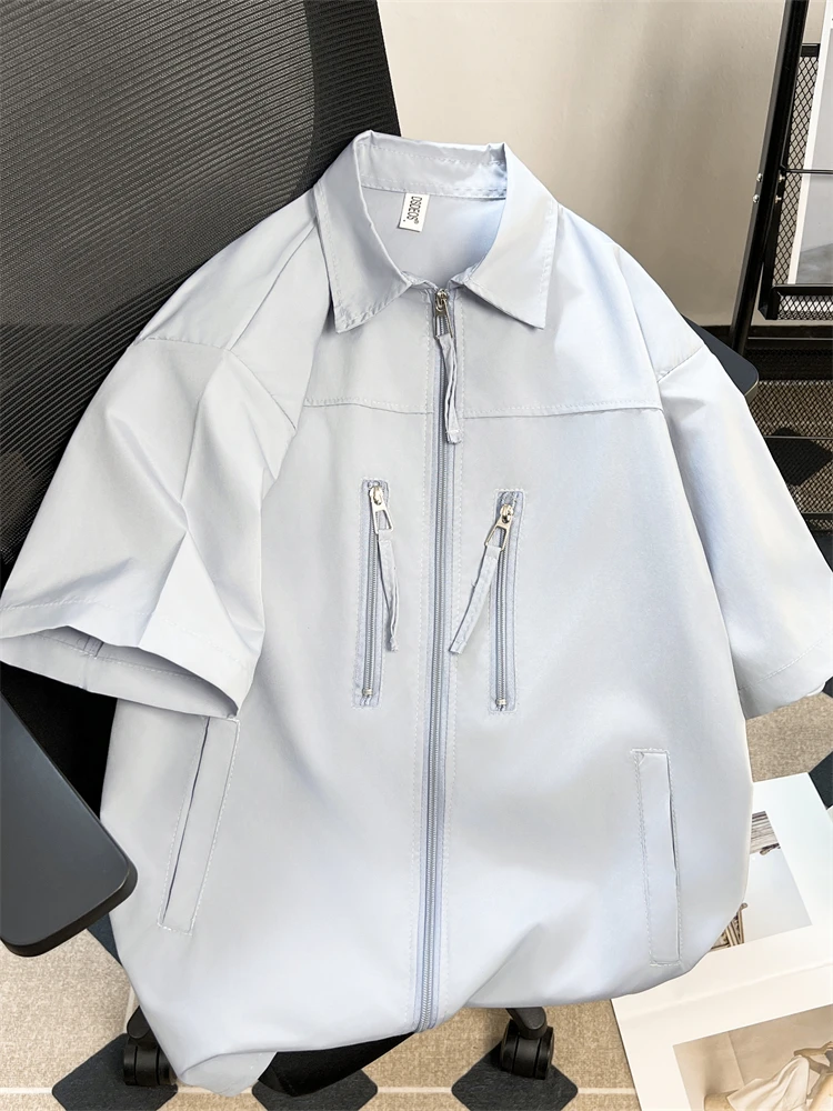 

Light Blue Zipper ort Sve irt Men's Summer Trendy Brand Pad oulder High Street Sle Casual irt American High Street