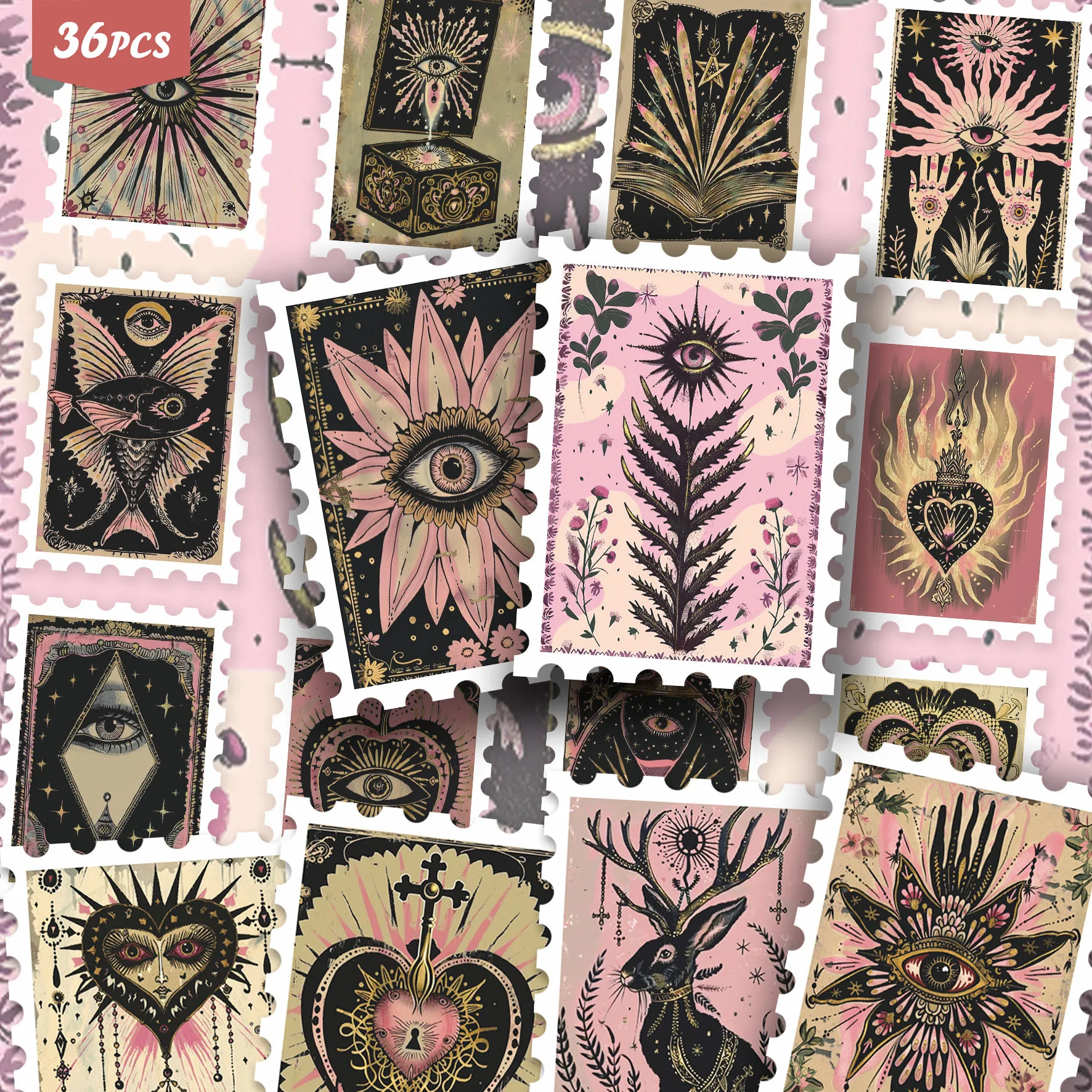 36PCS Mystic Art Sticker Collection, pink‑black occult‑style patterns, vintage bold tone, great for journals, tumblers, for pads