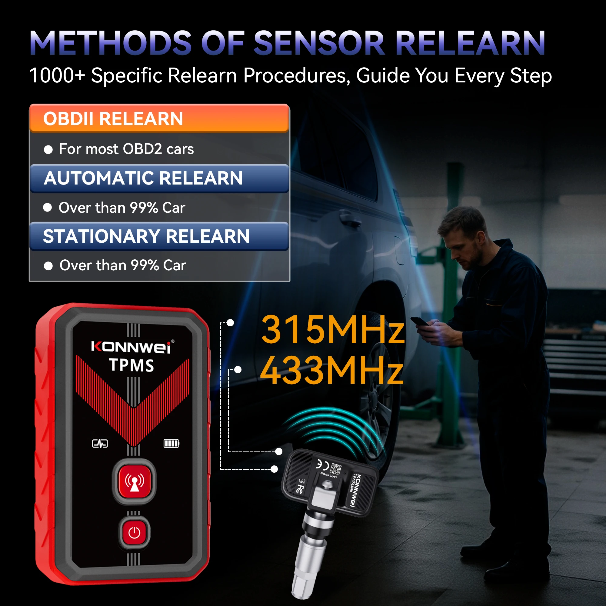 2026 KONNWEI TK100 Car Programable TPMS Sensors OBD Relearn Tool 433MHz315MHz Programing CELL PHONE Tire Pressure Monitor System view 4