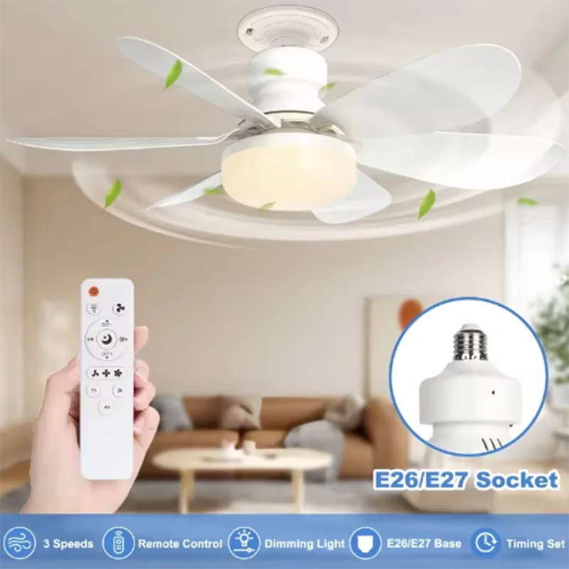 2026 New E26 E27 Socket Mount LED Fan Light, 20.5 Inch Remote Screw Ceiling Fan for Kitchen Closet Dorm