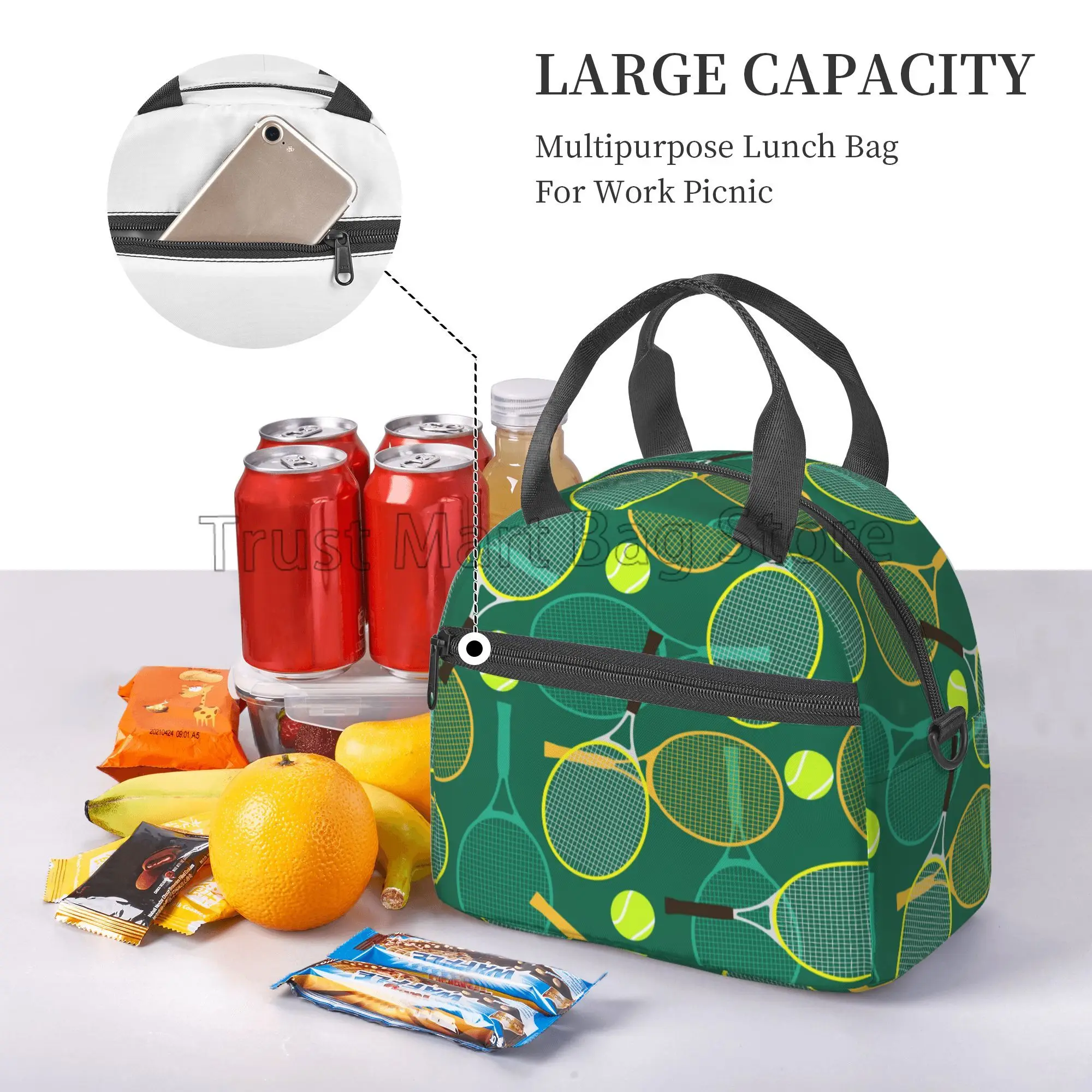 Tennis Rackets and Balls Insulated Lunch Bag for Travel Reusable Waterproof Thermal Bento Tote with Adjustable Shoulder Strap