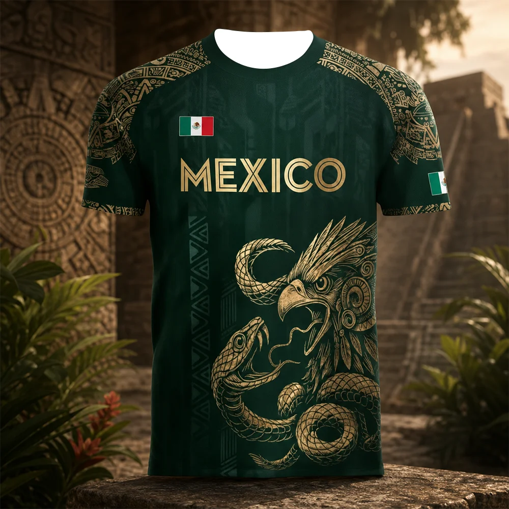 Mexican Flag Printed Breathable T-shirt Men's Women's 3D Eagle Pattern Short Sleeve Outdoor Sports Fun Children's T-shirt