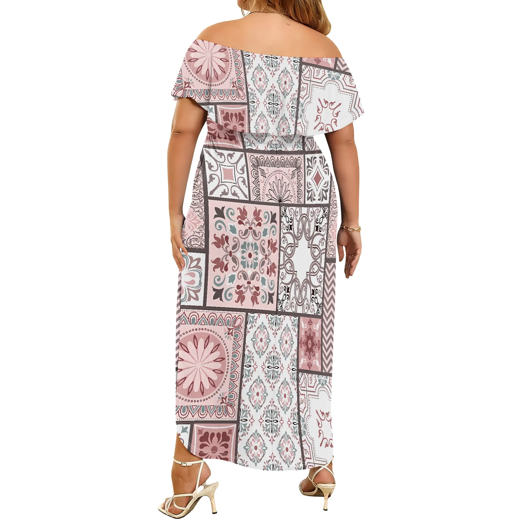 EQQZD Modern Patchwork Pattern Print Maxi Dress with Pockets, Plus Size Stylish Casual Slit-Side Dress for Women