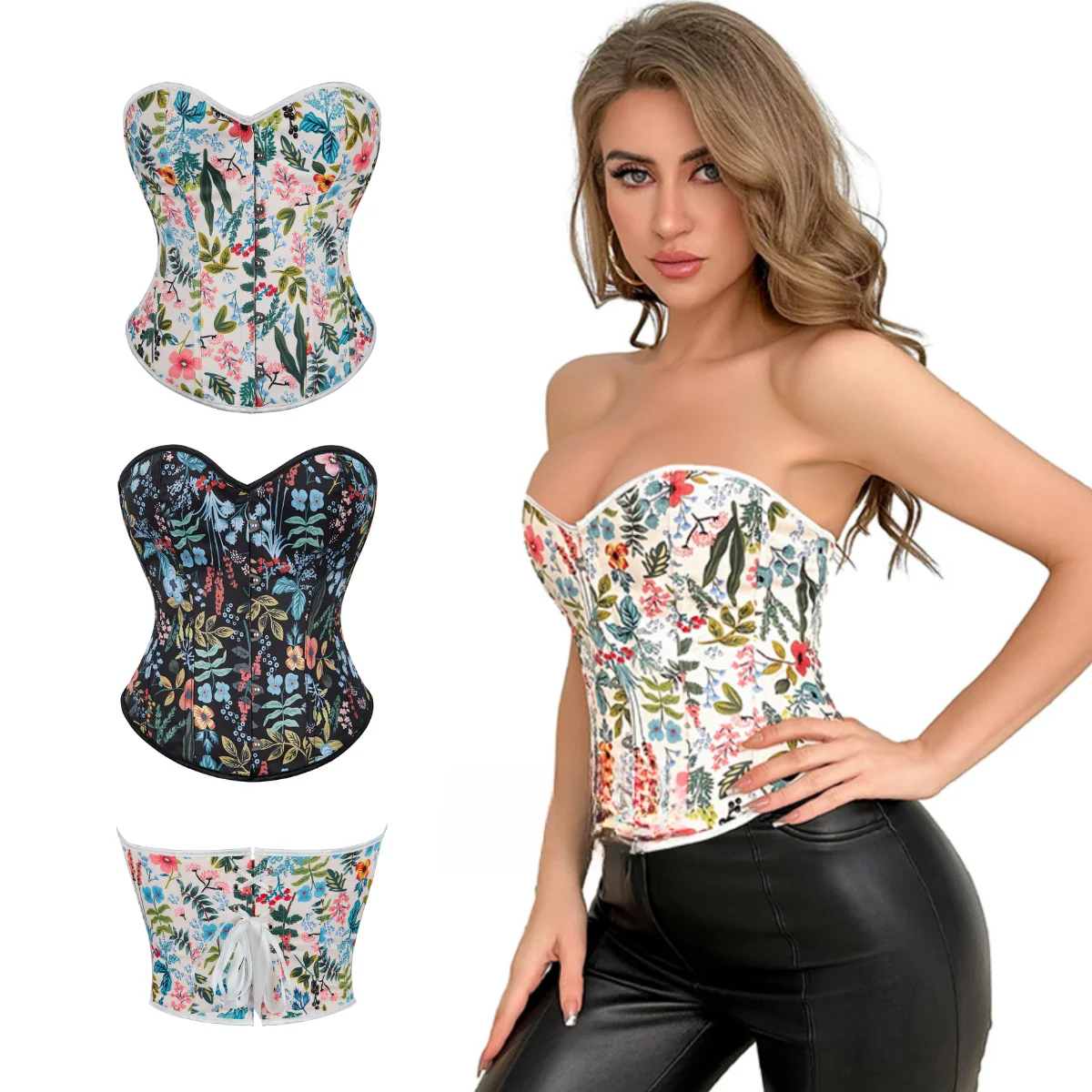 

Lace Up Boned Plants Corselet Shapewear Bustier Tank Top Push Up Bra Overbust Body Shaper Tops Women's Corset Bodice Slim Korset