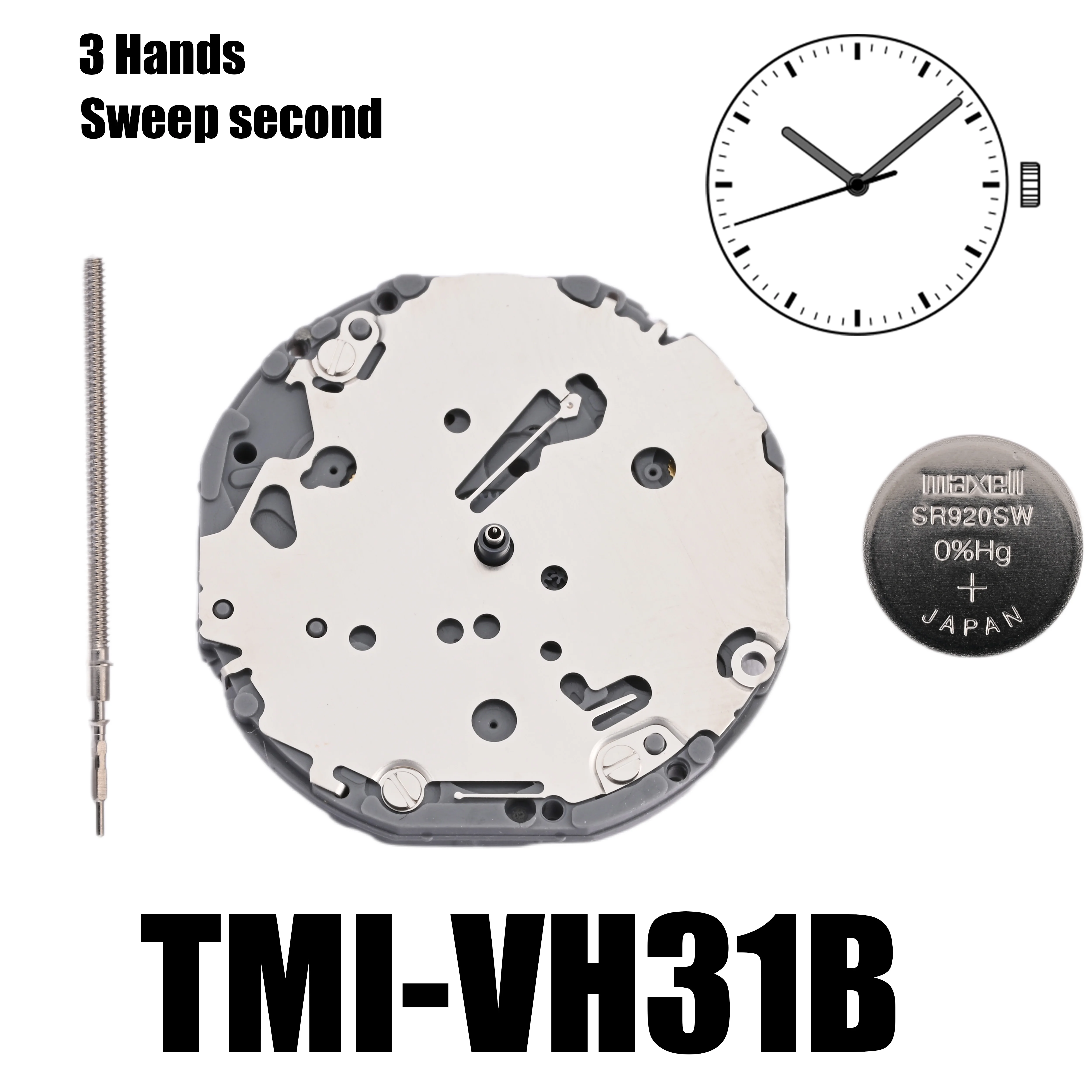 

Механизм VH31 TMI VH31B Размер механизма: 10 1⁄2 дюйма. Высота: 3,45 мм. Подметать секунды, 3 стрелки, без драгоценностей.