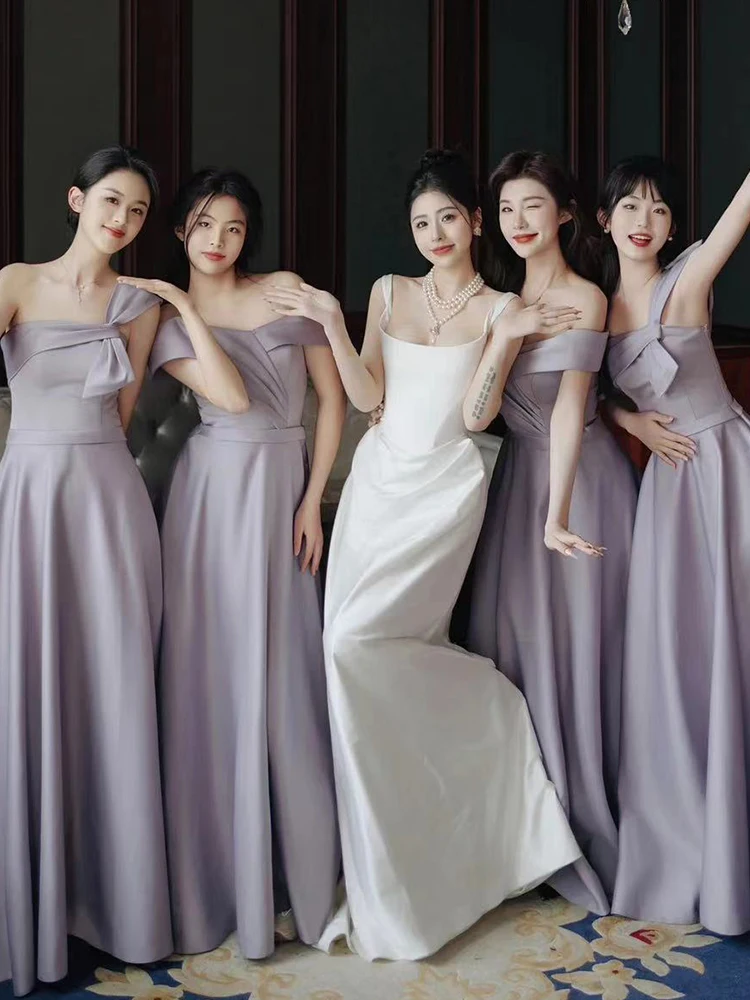 

Purple Satin Bridesmaid Dresses Women Summer A-line Slim Off Shoulder Graduation Dress Simple Elegant All-matched Choir Gown