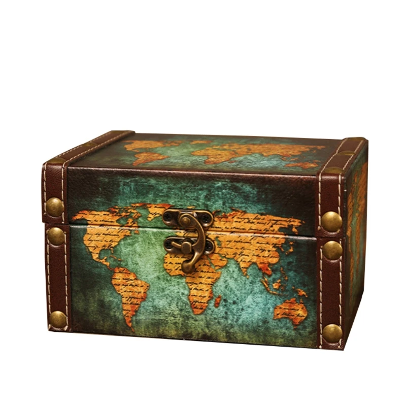 European Vintage Jewelry Storage Box Multipurpose Antique Wooden Pirate  World Map Letters  for CA