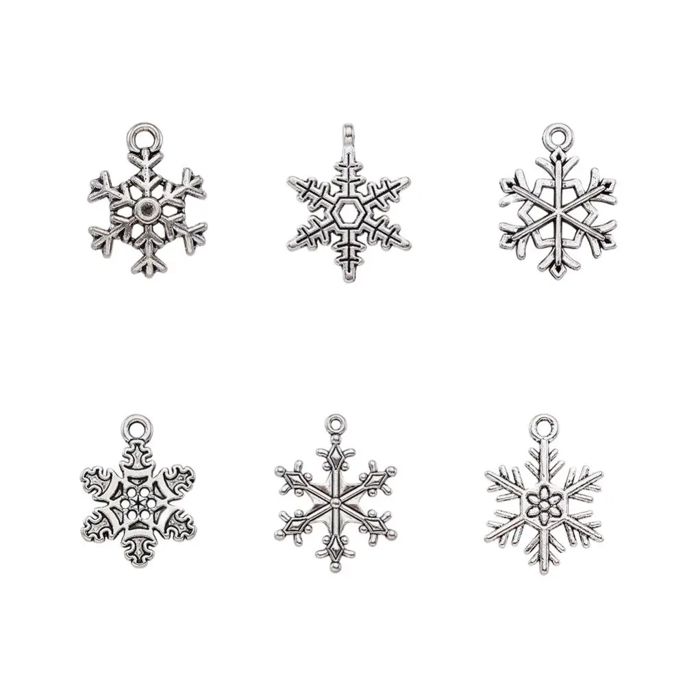 5 Sets(=30pcs) Christmas Snowflake Charms Alloy Tone Vintage Tibetan Style Metal Xmas Pendants Mix for DIY Making