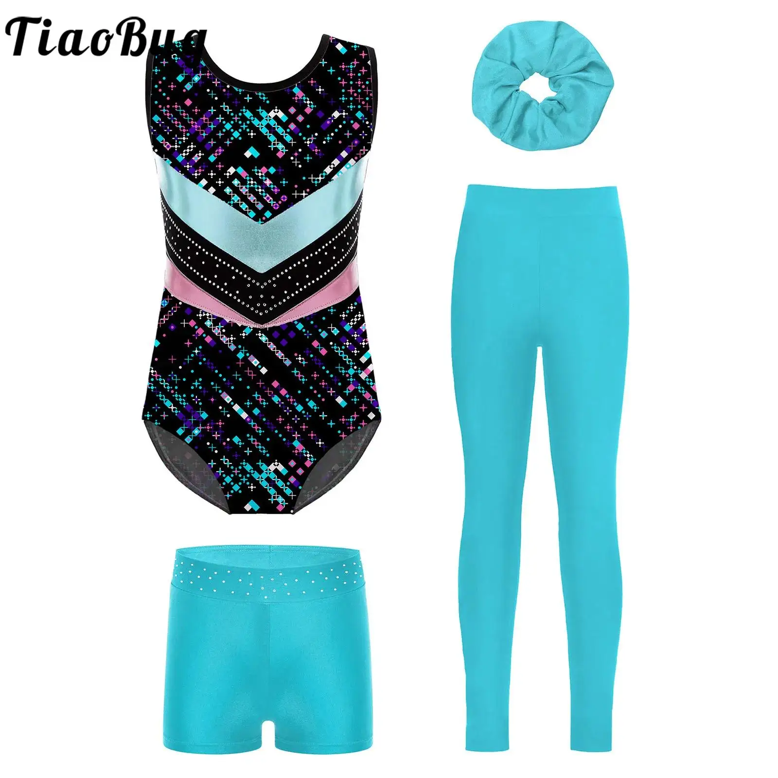 

Kids Girls Gymnastic Figure Skating Performance Outfit Yoga Workout Suit Sleeveless Dance Leotard Bodysuit with Shorts Pants Set