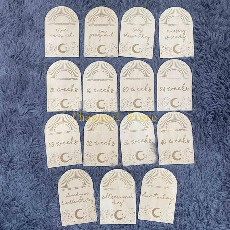 E7CE 15 Pcs/Set Baby Wooden Milestone Cards for Sun Pregnancy Memorial Card Photography Monthly Recording Birth Anniversary C