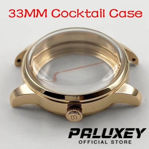 Caja de reloj de acero inoxidable para cócteles, oro rosa, 33MM, corona S, compatible con movimiento NH34 NH35 NH36 NH38 NH39 NH70 NH72