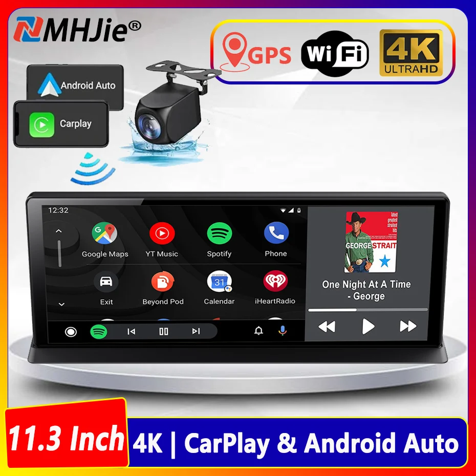 11.3 inch Car DVR 4K Dash Cam 5G Wifi Dual Lens Wireless Carplay & Android Auto Video Recorder Monitor GPS Navigation FM AUX