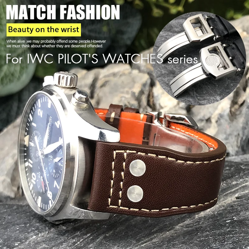 Thick Real Leather Calfskin Watchband 21mm 22mm for IWC Big PILOT Spitfire TOP GUN IW5009 IW3777 Rivets Cowhide Watch Strap Tool