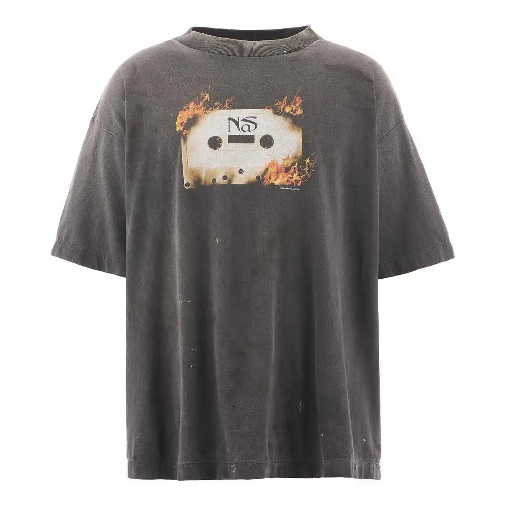 Saint Michael Flame Radio Print Washed Distressed Short-Sleeved Men's And Women's Street T-Shirt
