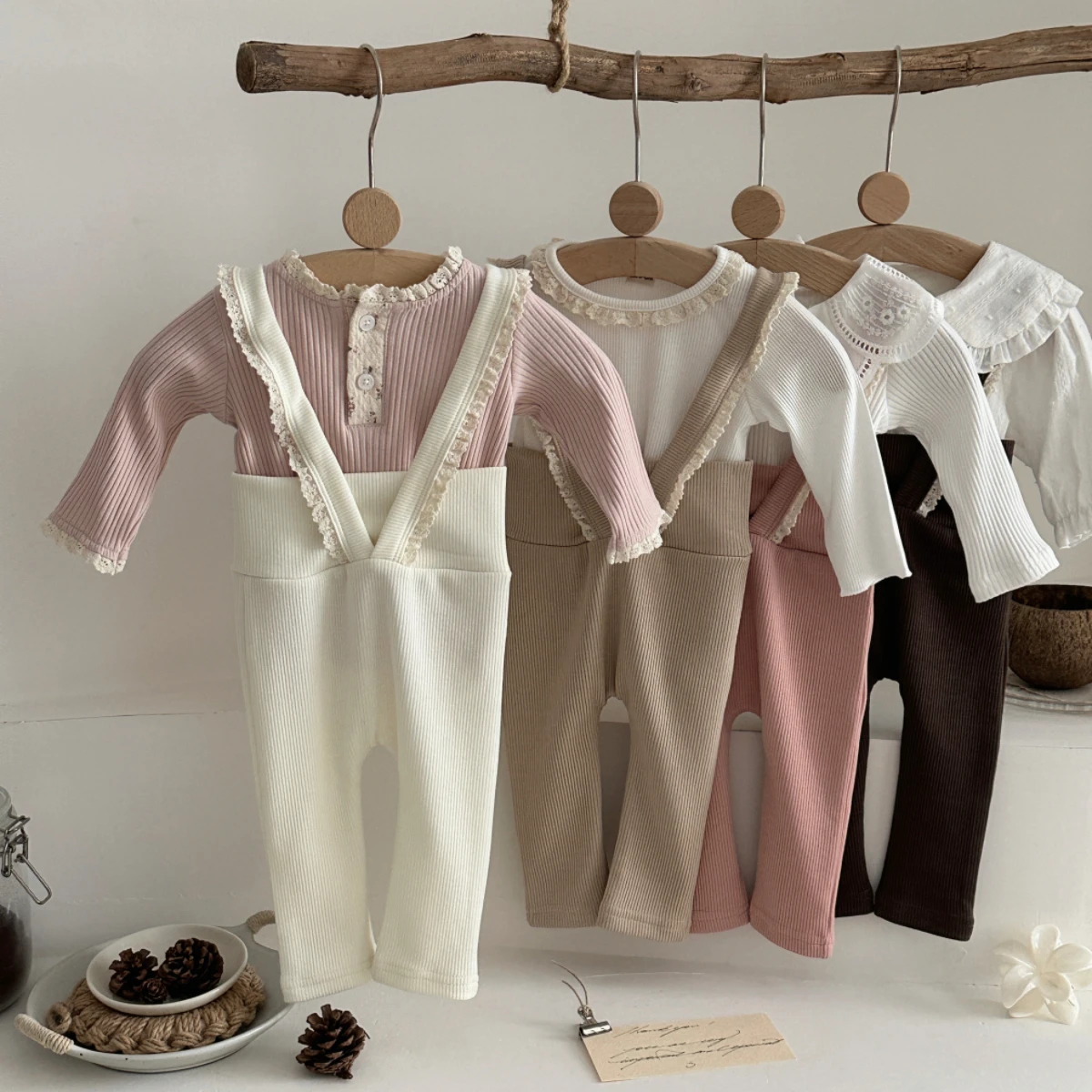 Infant Lace Trim Suspender Ribbed Leggings, High Waist Solid Color Pants, Soft Knit Baby Trousers, Toddler Girls Bottoms