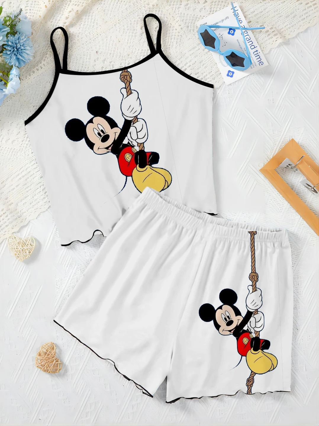 Home Dress Pajama Skirt Women\'s Suit Minnie Mouse Lettuce Trim Top T-shirt Mickey Short Sets Disney Pieces Elegant Disney Mickey