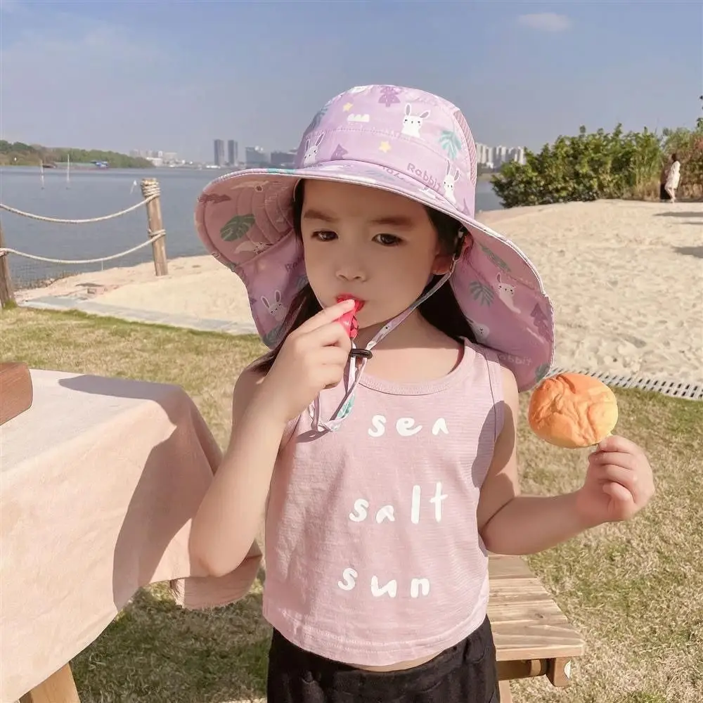 Bucket Cap Summer Baby Hat With Whistle Wide Brim Children's Sunscreen Hat Neck Ear Cover Anti UV Kids Beach Caps UV Protection