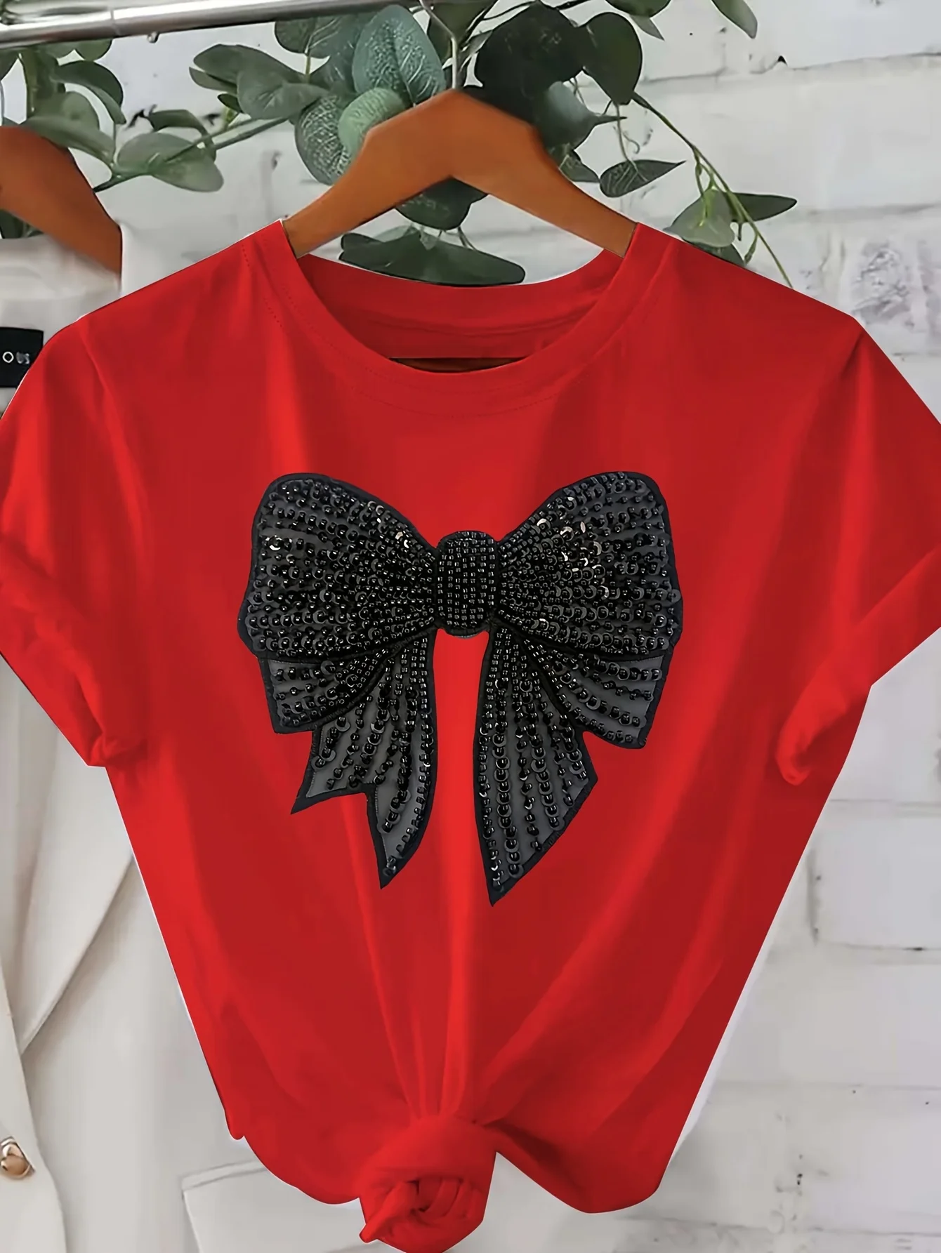 Women'S Sparkling Black Bow T-Shirt - Short Sleeve Casual Crew Neck Rhinestone Detail Ideal for All Seasons