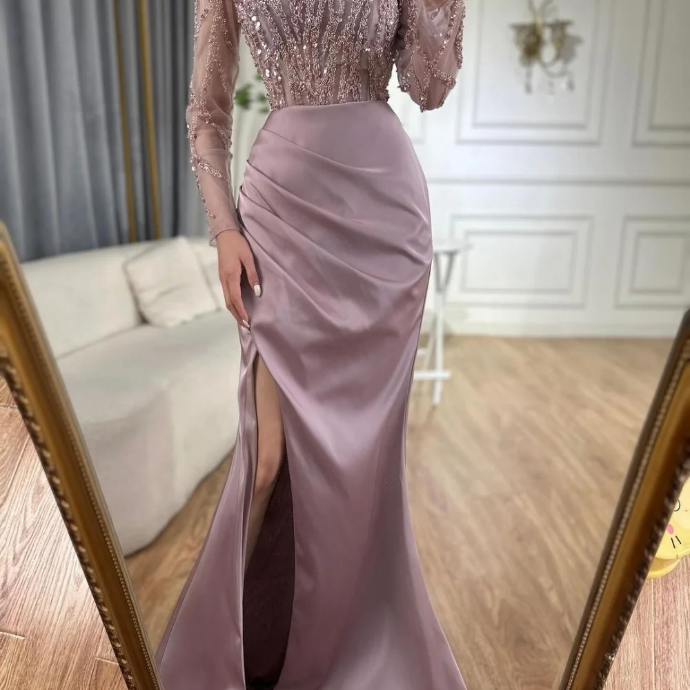 Sansa Elegant Beading A-line Lace Porm Dress Customized Floor-Length Wedding Dresses Long Sleeve Side Splite Vestidos De Fiesta