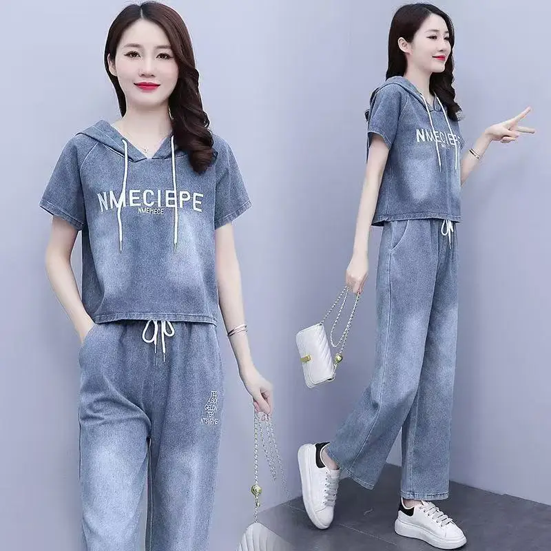 Summer Denim Wide-leg Pants Loose Coat Suit Style Embroidery Fashion Korean Version Two-Piece Set Casual Wear With Women's Wear