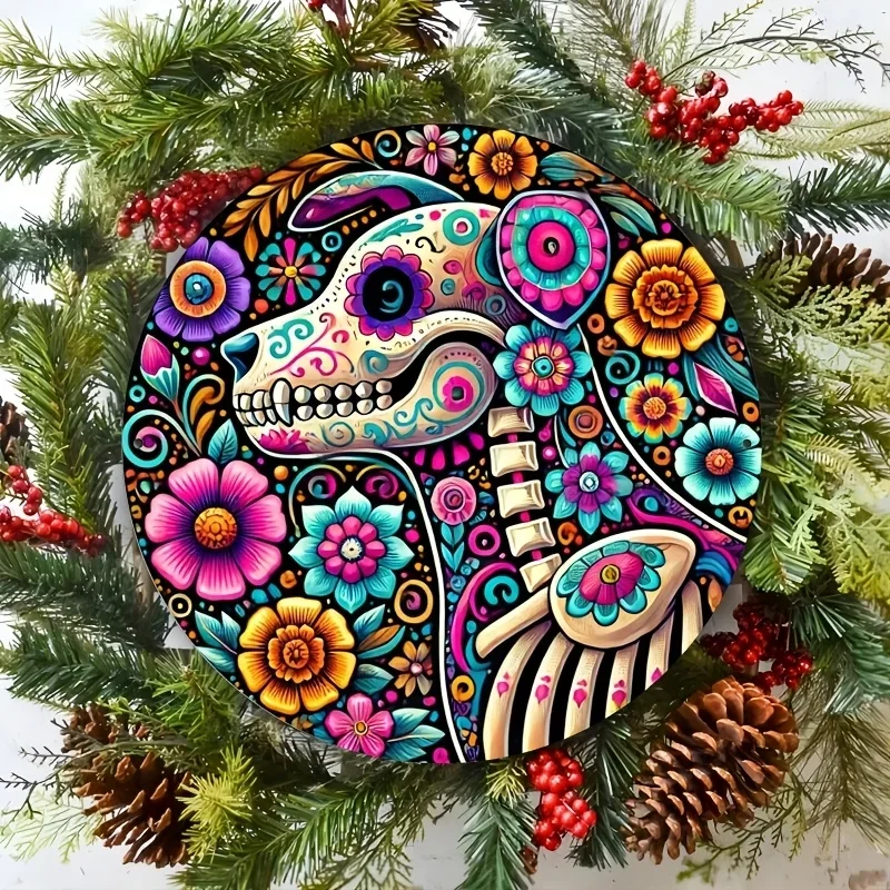 علامة دائرية خشبية ملونة ليوم الموتى الهيكل العظمي - تصميم زهور نابضة بالحياة، مثالية لتزيين المنزل والبار