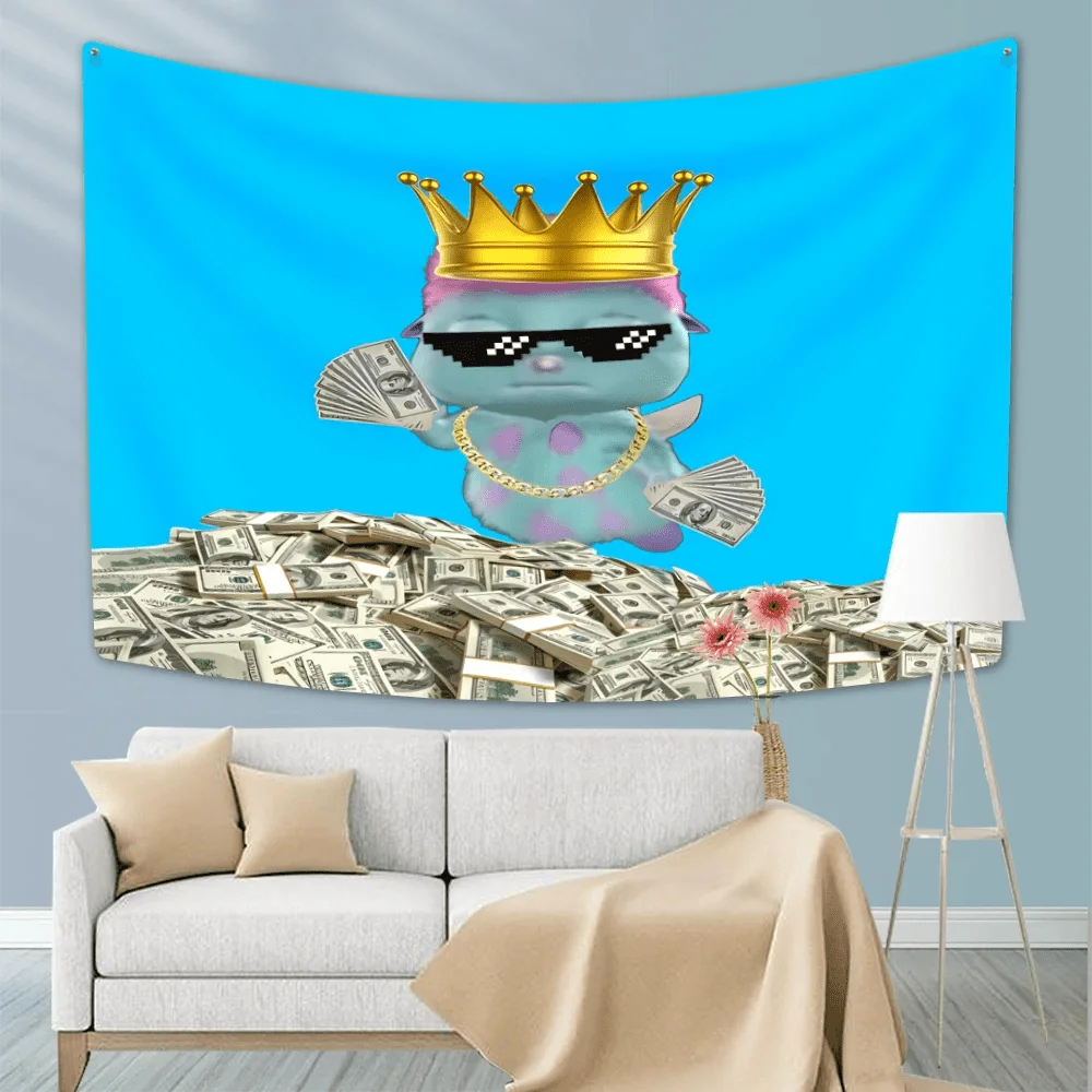 3x5ft Funny Bibble Meme Tapestry Flag - Cartoon Wall Art Poster Banner with Money & Crown Design, Easy to Hang Polyester Decor f