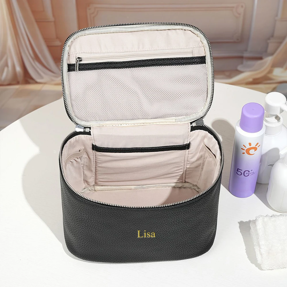 Customized Name PU Makeup Bag - Large Capacity Travel Toiletry Bag - Waterproof and Portable - Divided Storage with Compartments