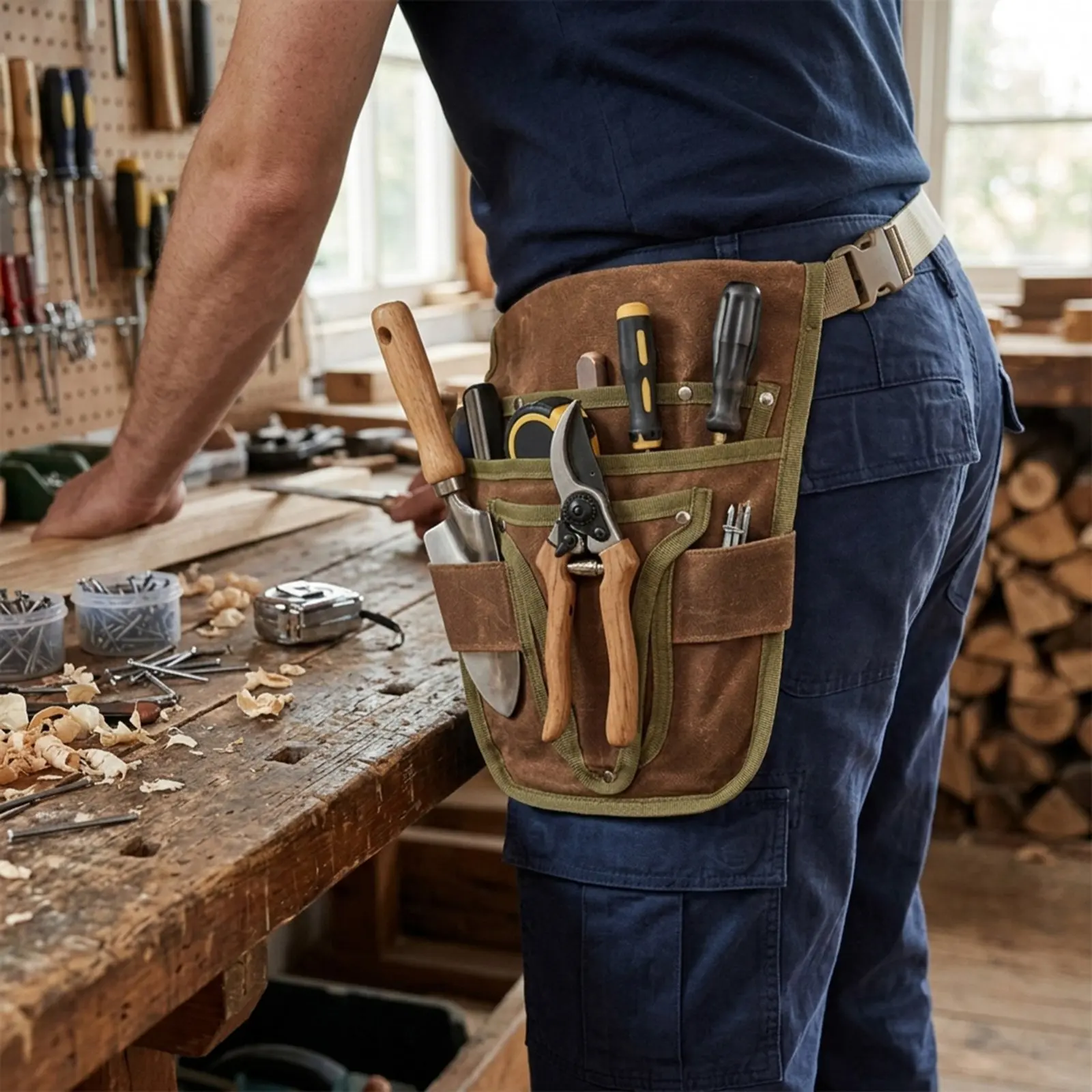 Waxed Canvas Tool Waist Bag for Gardening Weeding Pouch Heavy Duty Multi Pocket Organizer for Electrician Repair Work Durable