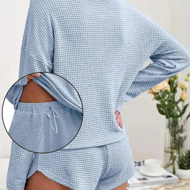 Women\'s Waffle Knit Pajama Set Homewear Sportswear Long Sleeve Top And Shorts Matching Casual Set Loungewear Sportswear With Poc