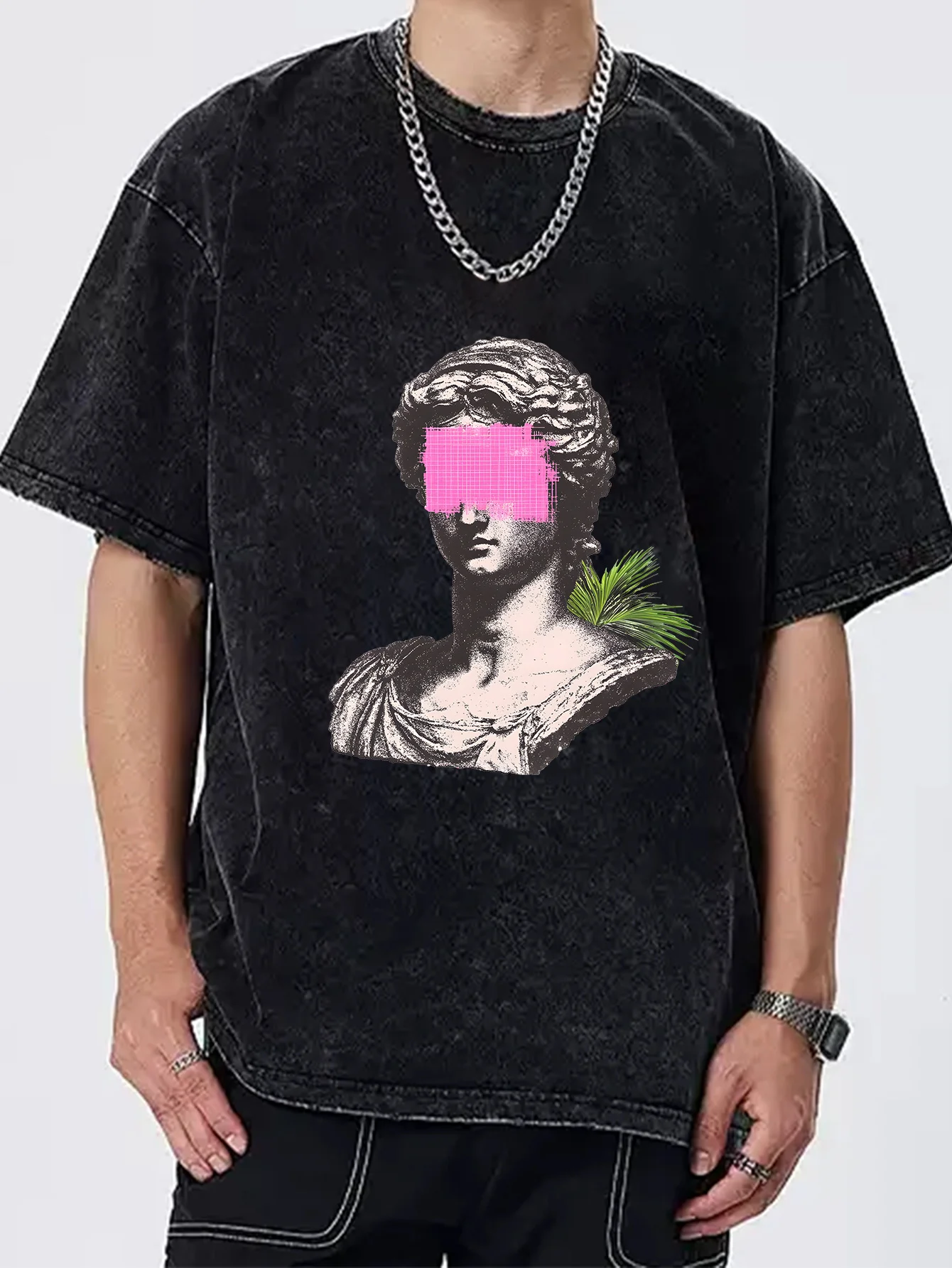 Men's 100% Cotton Graphic T-Shirt with Masked Statue Print - Relaxed Fit Streetwear Tee, Stretch Knit