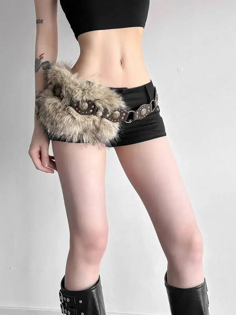 2026 Faux Fur Leather Belt Women's Versatile Belted Midi Skirt Y2K Fuzzy Retro Subculture Nomadic Style Rivet Detail Skirt Belt
