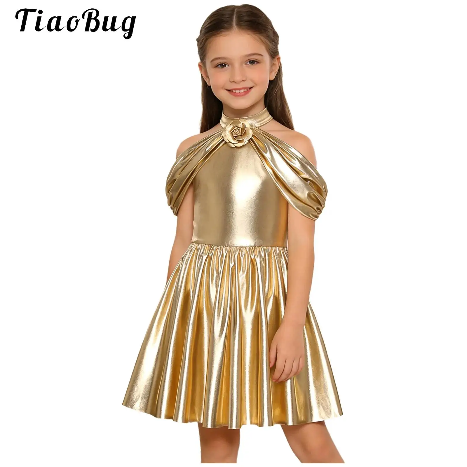 

Girls Cold Shoulder Elegant Princess Dress Kids Metallic Shiny Party Dress Wedding Birthday 3D Flower Ruffled A-line Dress Gowns