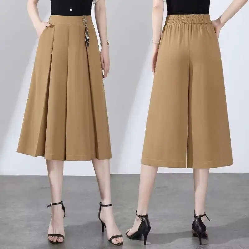 2023 New Summer Fashion Pleated Solid Color Elastic Waist Wide Leg Pants Ladies Simplicity Loose Calf-Length Pants Women Clothes