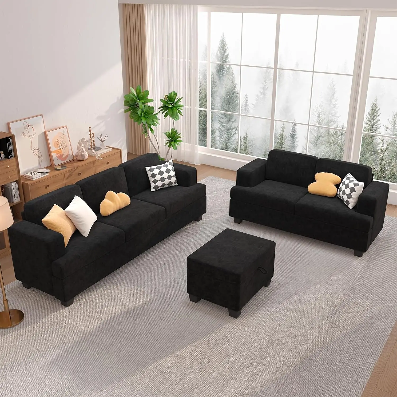 5 Seats Sofa Set 2 Piece Comfy 3 Seater & Loveseat with Deep Seats for Living Room Modern Sleeper Black Chenille, Customized