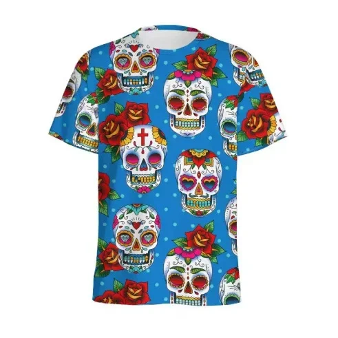 Unisex Gothic Streetwear Short Sleeve T-Shirt, Sugar Skull Rose All Over Print Tee, Mexican Day of The Dead Subculture Top